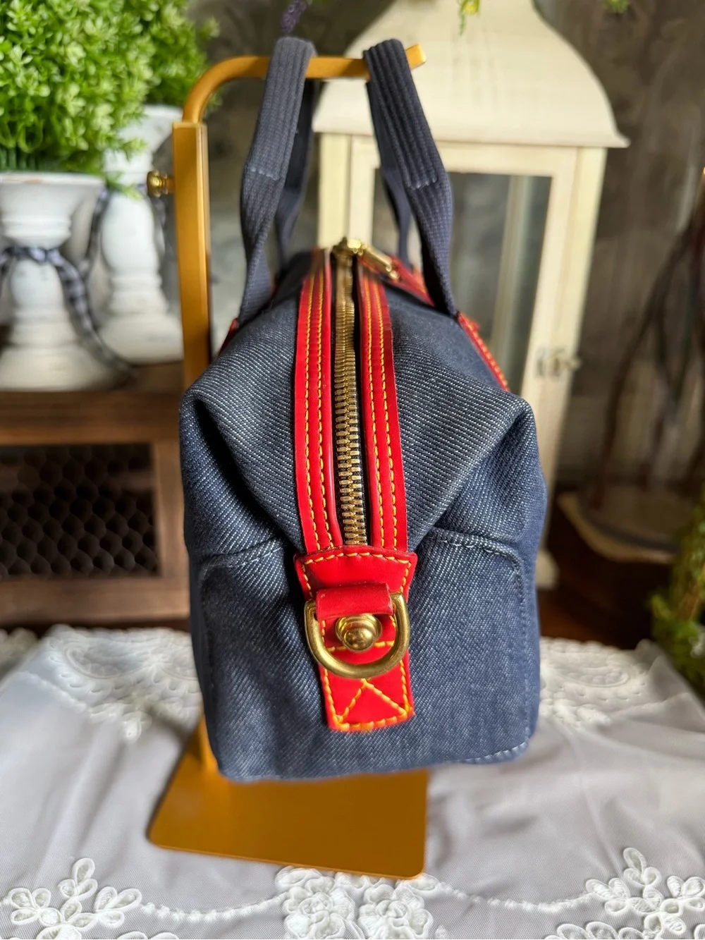 Y2K Dooney & Bourke Navy Denim Red Leather Trim Top Handle Satchel Bag Purse